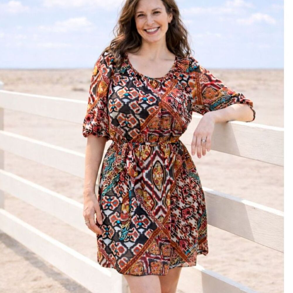 Boho Patchwork Mini Dress M Junior L Paisley Tie Waist Teal Rust Y2K Sweet Storm